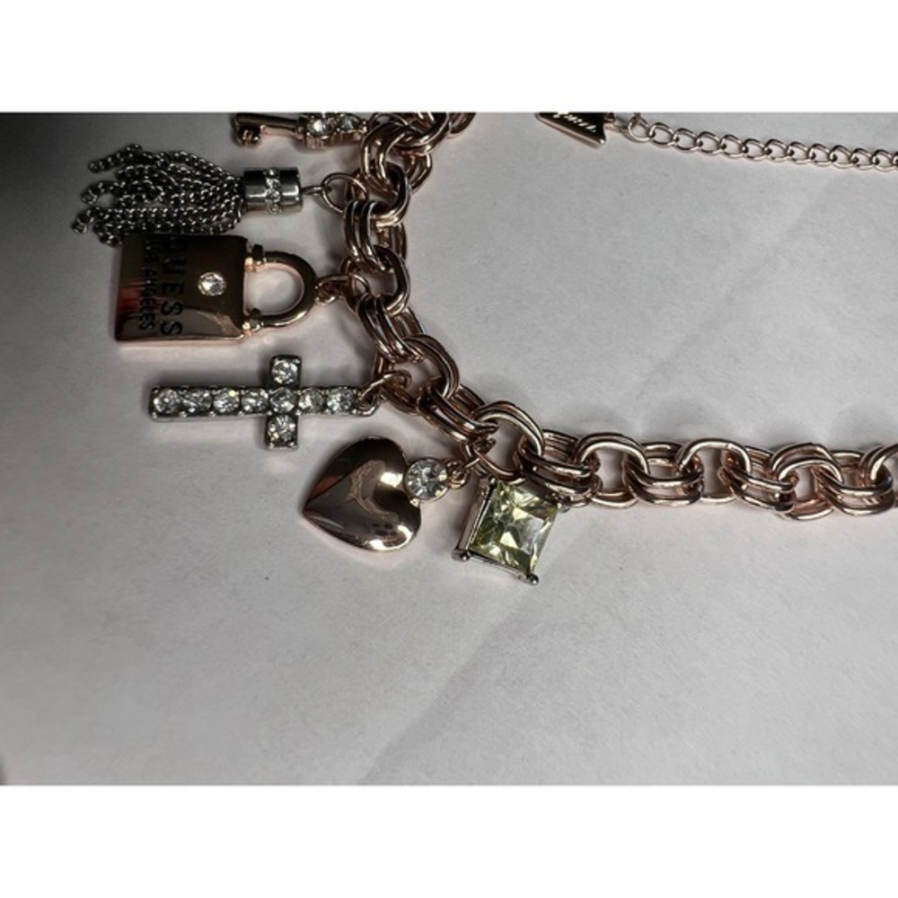 Guess Y2K Rose‎ Gold Tone Charm Bracelet Lock Heart Cross Key Tassel Rhinestone - Picture 5 of 7
